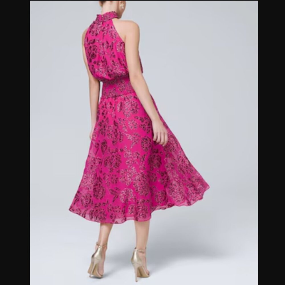 White House Black Market Floral Burnout Smocked-Neck Midi Dress Size 4 Pink - Picture 2 of 9